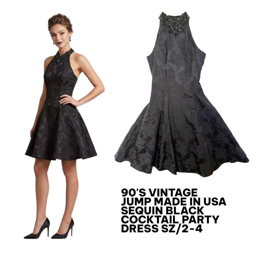 Vintage 90s Jump Apparel Black Jacquard Halter Dress Sequin Neckline XS/2